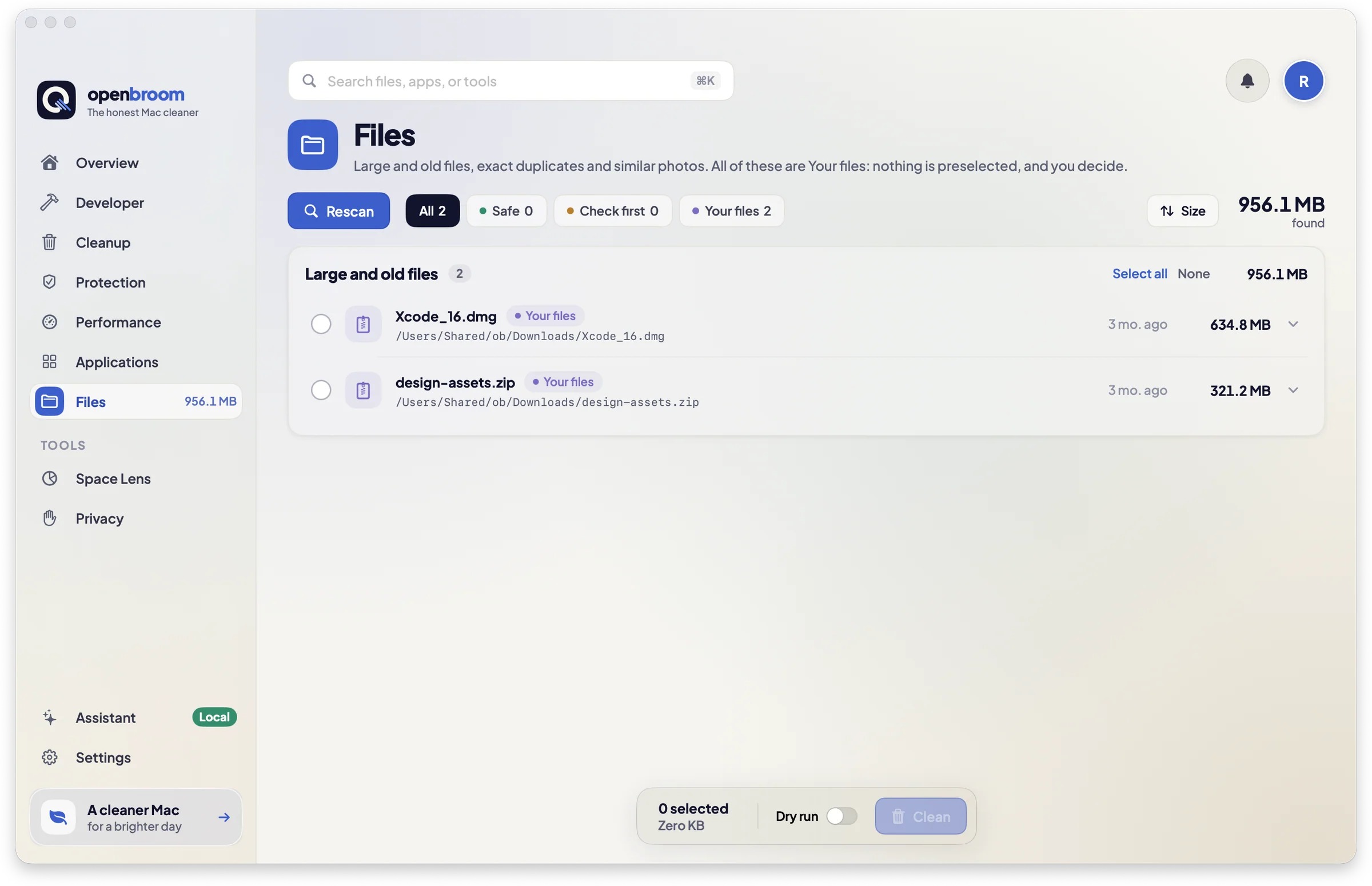 Files screen with large and old files