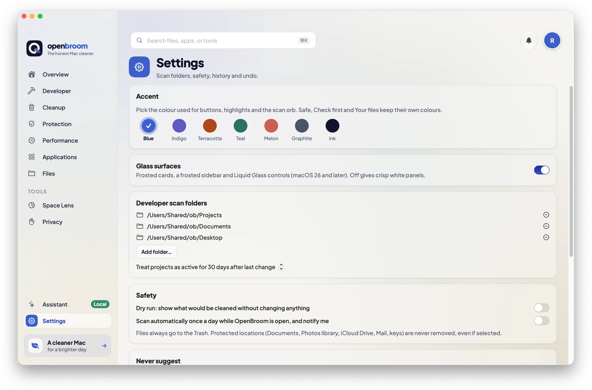 Settings screen
